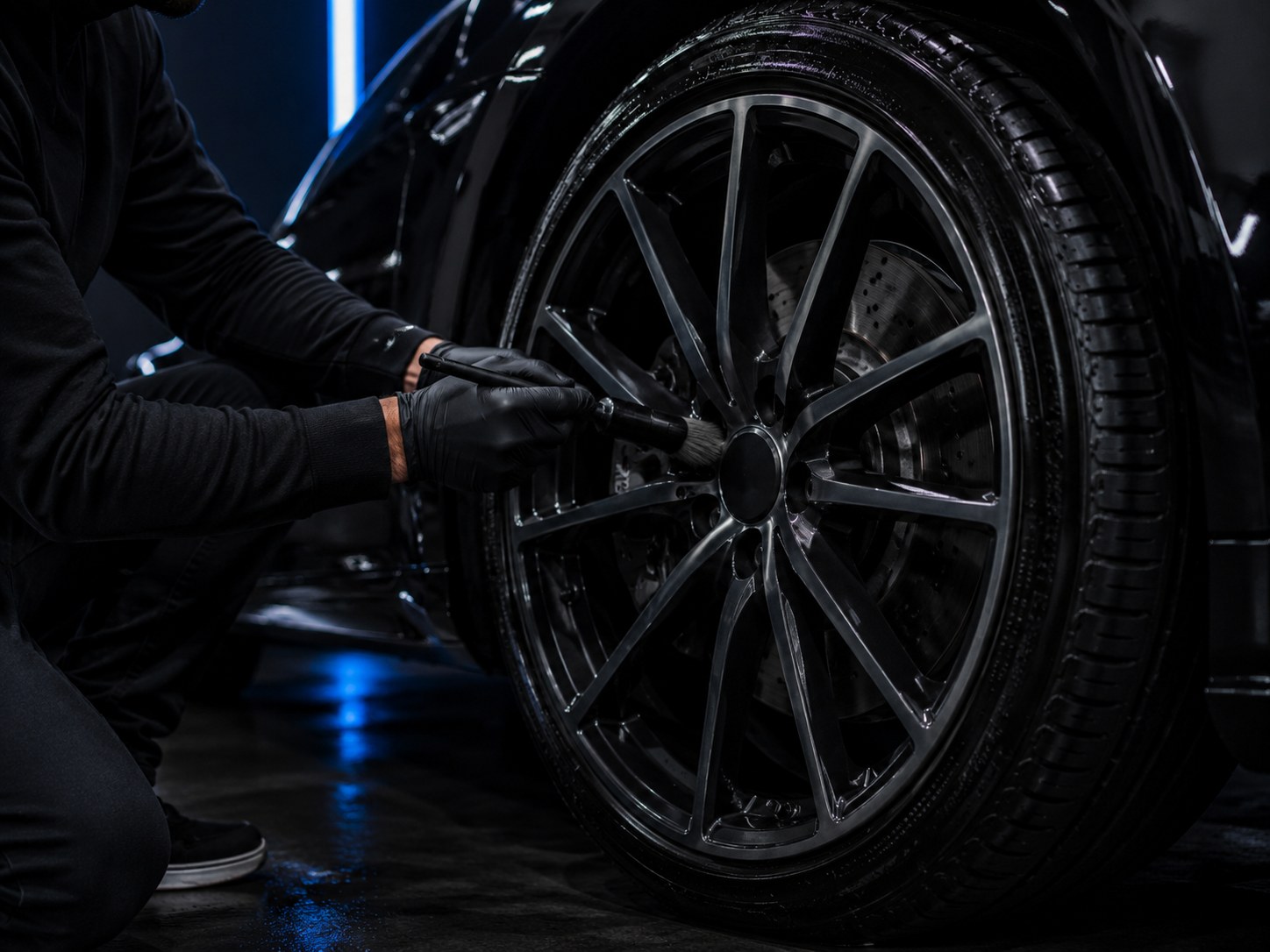 Detailer cleaning a wheel with a brush