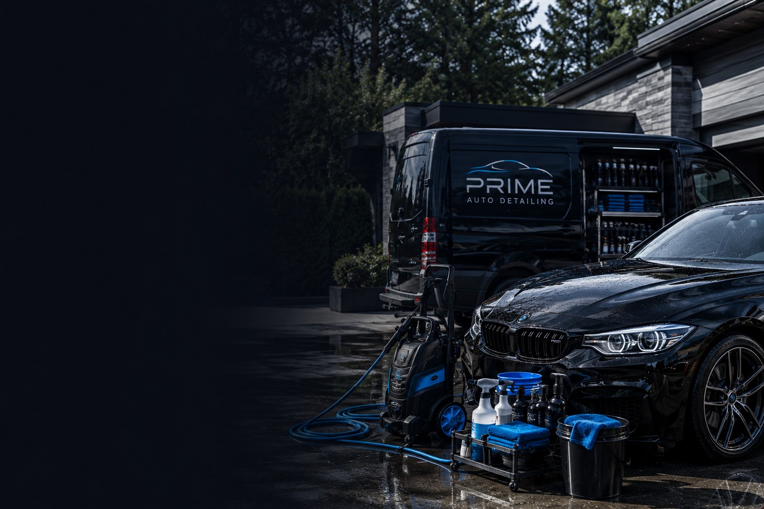 Mobile detailing appointment scene with van, pressure washer and black car