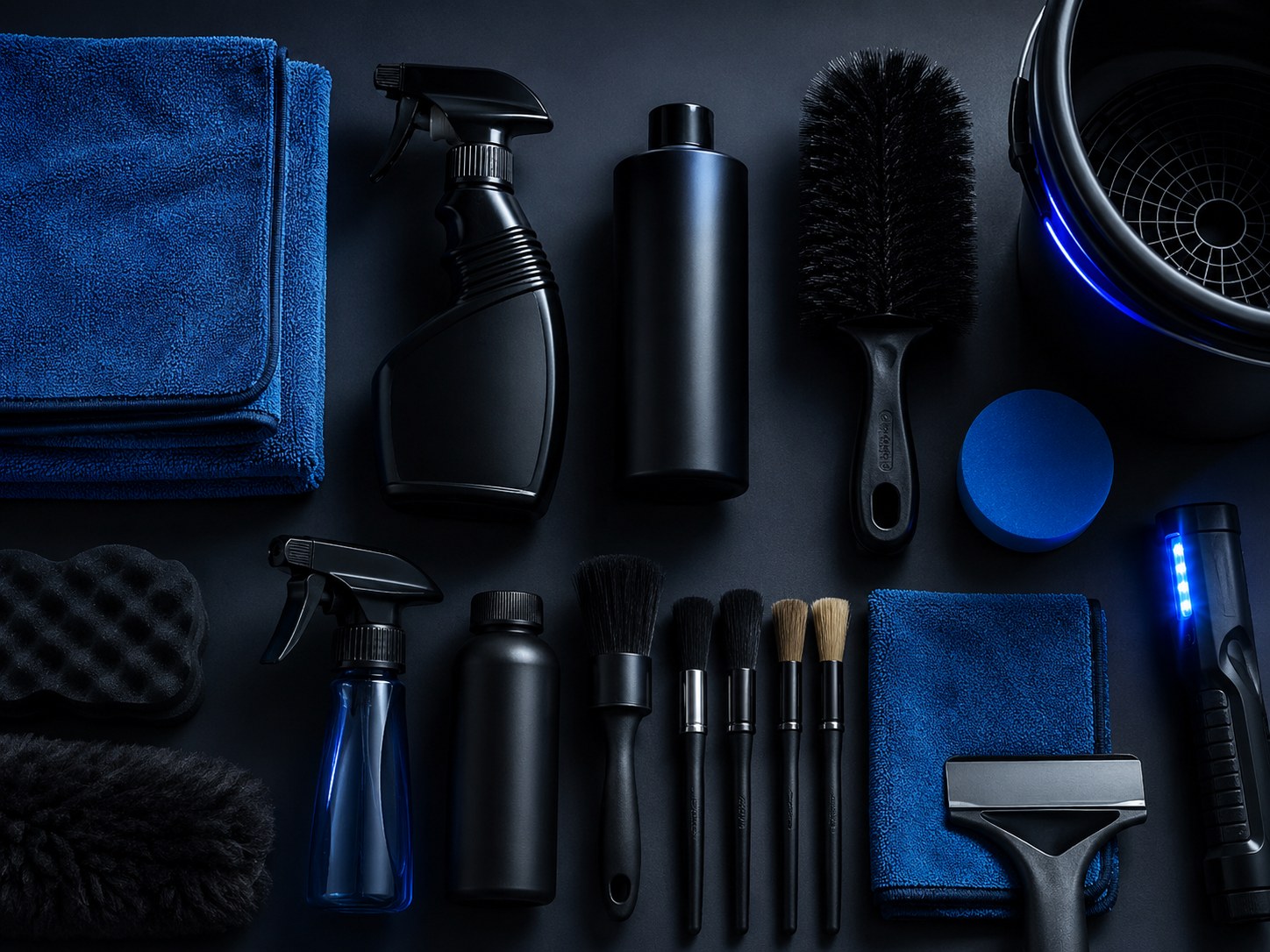 Detailing tools, microfiber towels, bottles and brushes