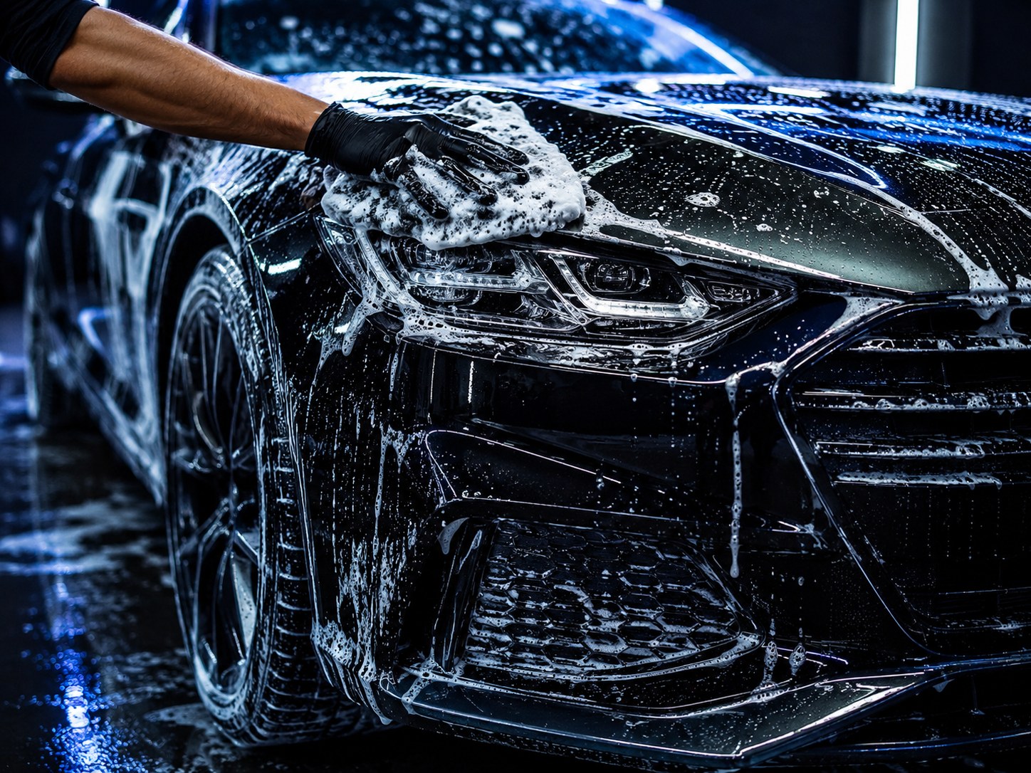 Gloved hand spraying mist near a glossy black car