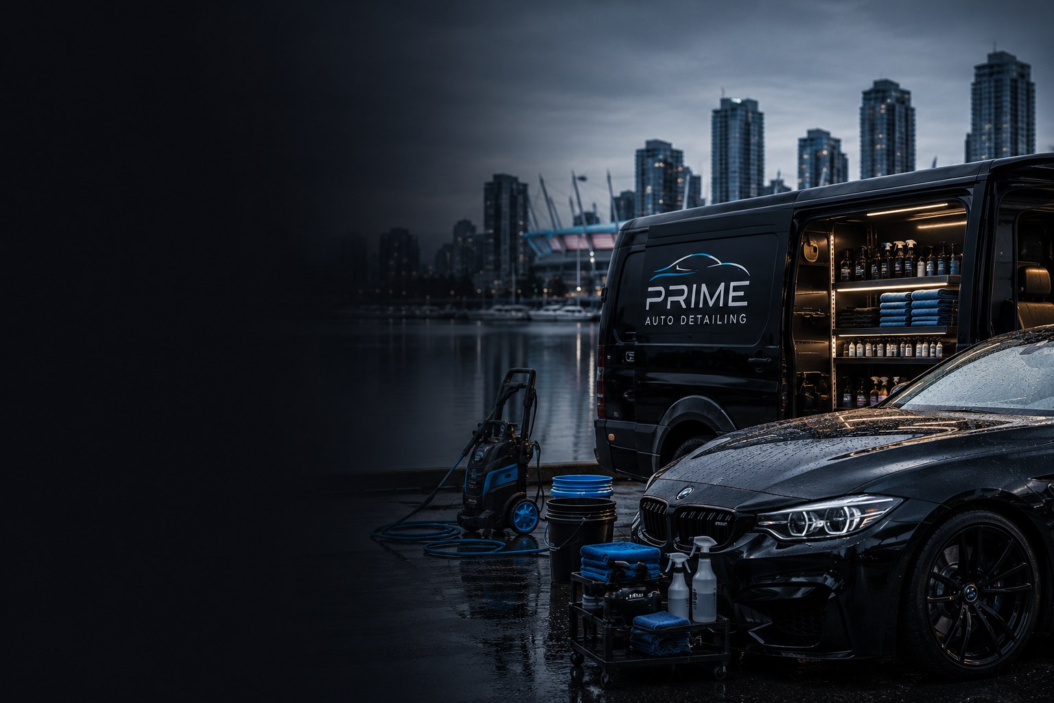 Prime Auto Detailing van and black car with Vancouver skyline