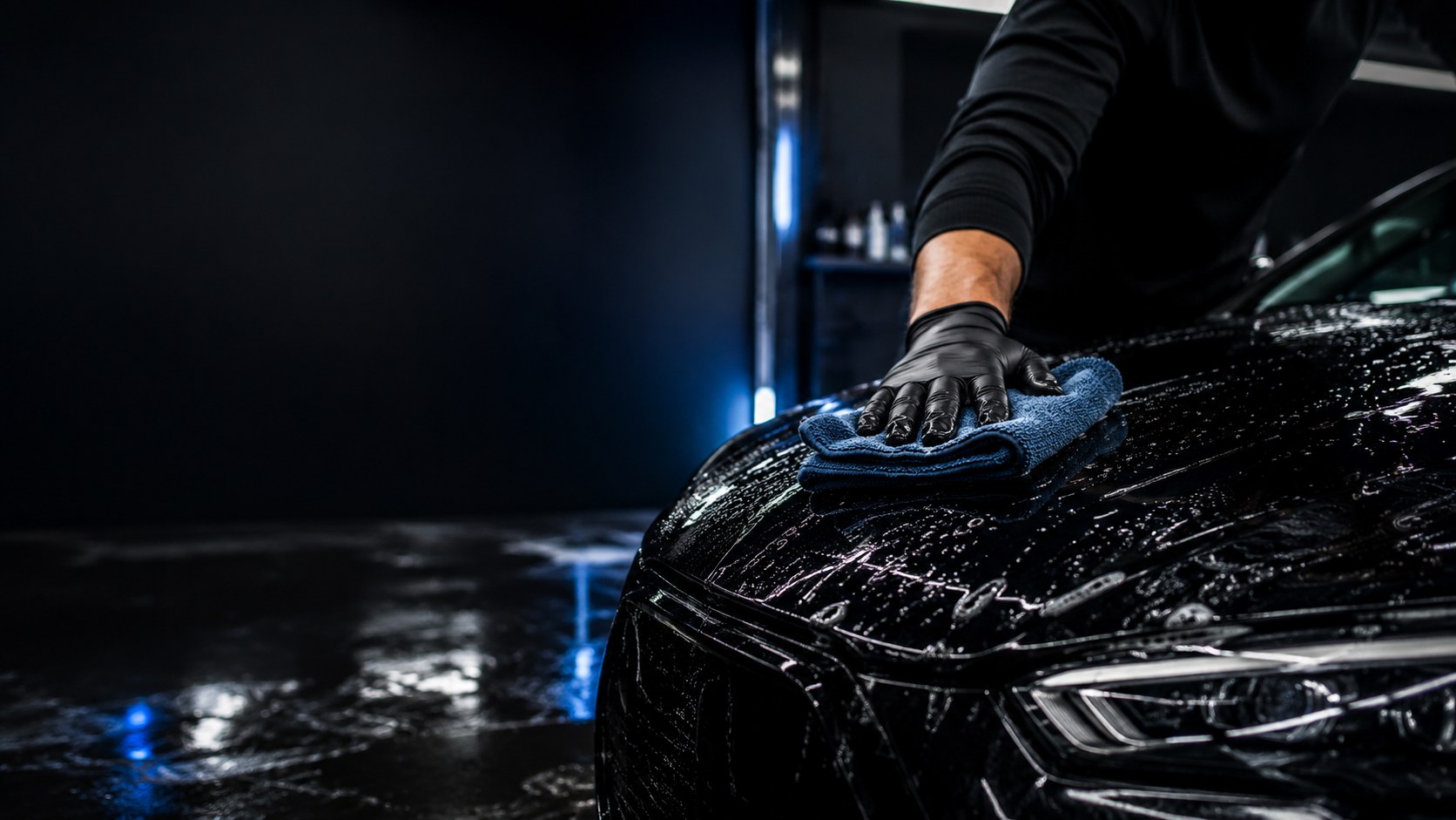 Hand washing black car exterior