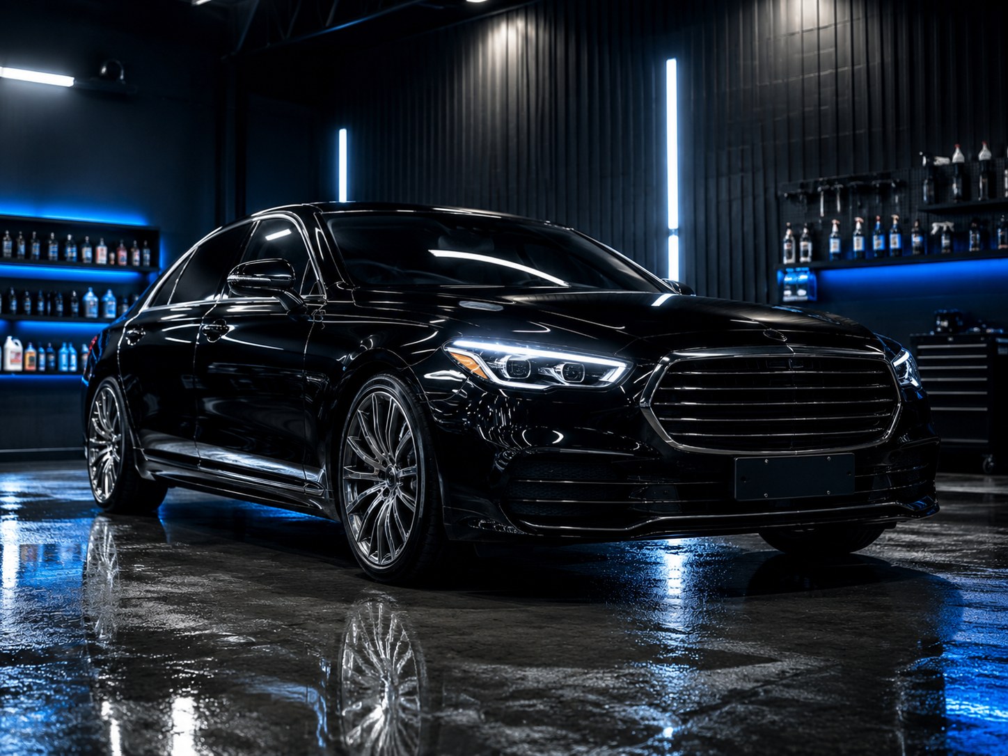 Full detail black sedan in showroom